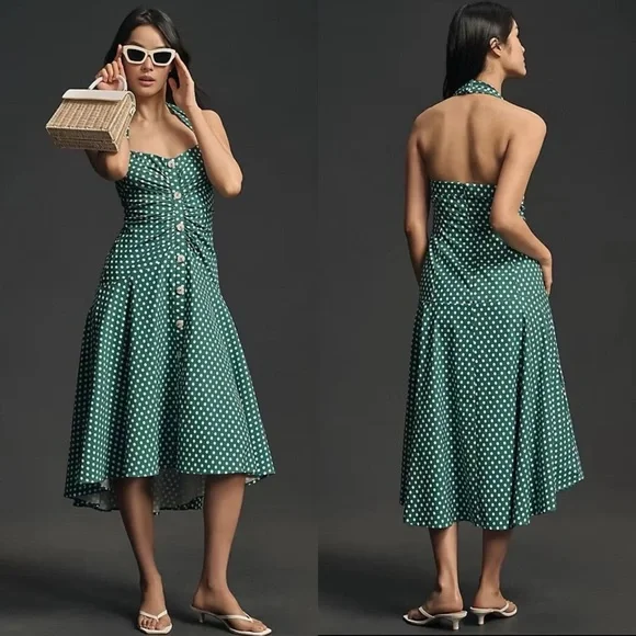 NWT Anthropologie Maeve Halter Ruched Midi Dress Green Polka Dot Sz 14  Petite - thefunkyskunk.ie